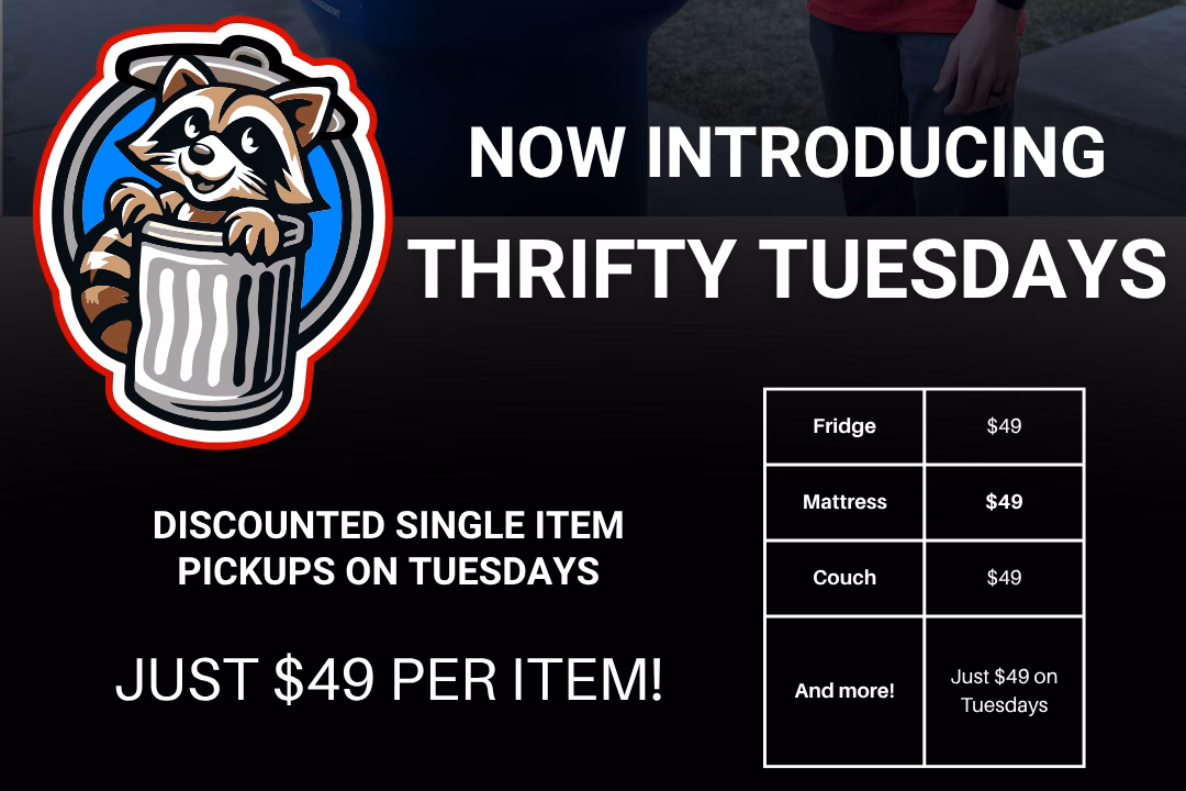Promotional flyer for Thrifty Tuesdays program detailing discounted single item pickups on Tuesdays